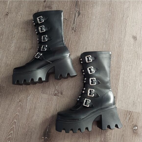 Women's Goth Punk Boots Platform Combat Belt Buckle Studded Mid Calf Chunky Boot - Picture 3 of 9